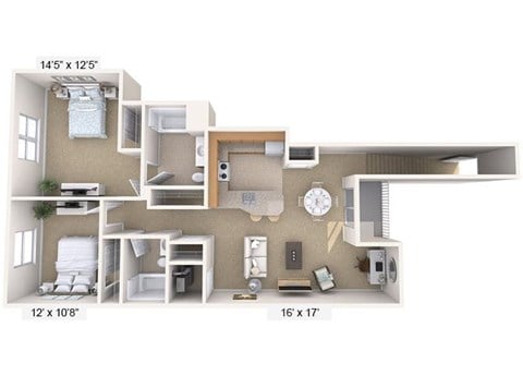 Floor plan for 2 beds, 2 baths, 987 sqft
